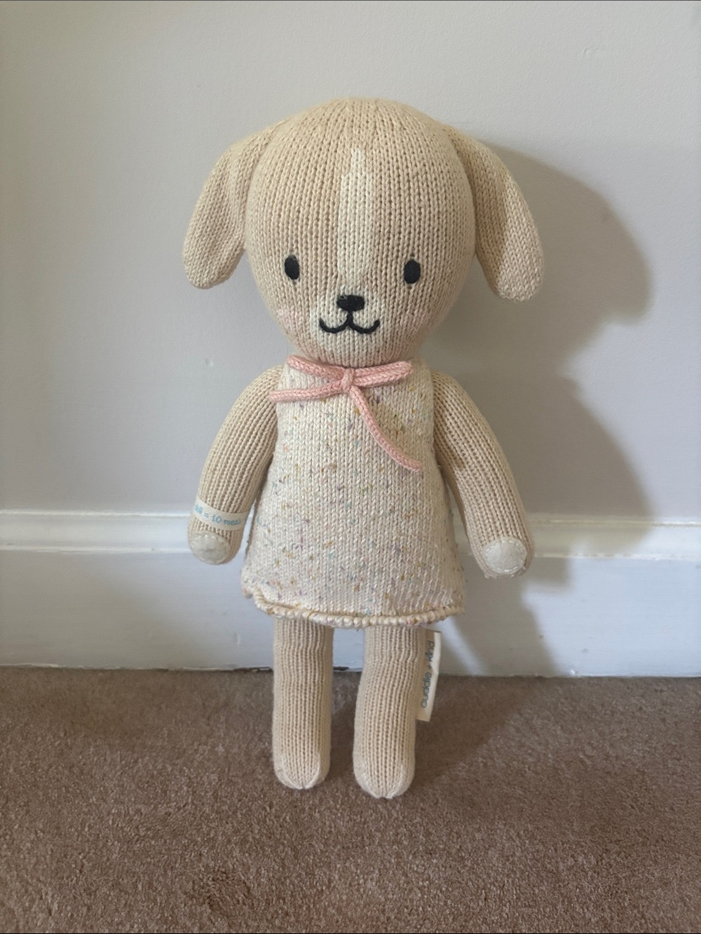 Cuddle and Kind Mia the dog - Knit Cream Plush Dog Doll with Pink Bow